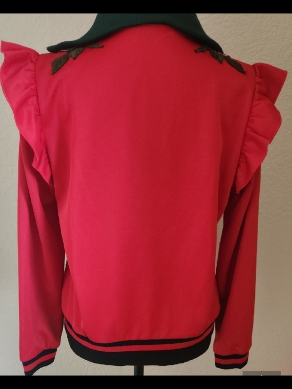 Gucci Red Floral-Embroidered Varsity Jacket with Dark Green Collar - Picture 8 of 11